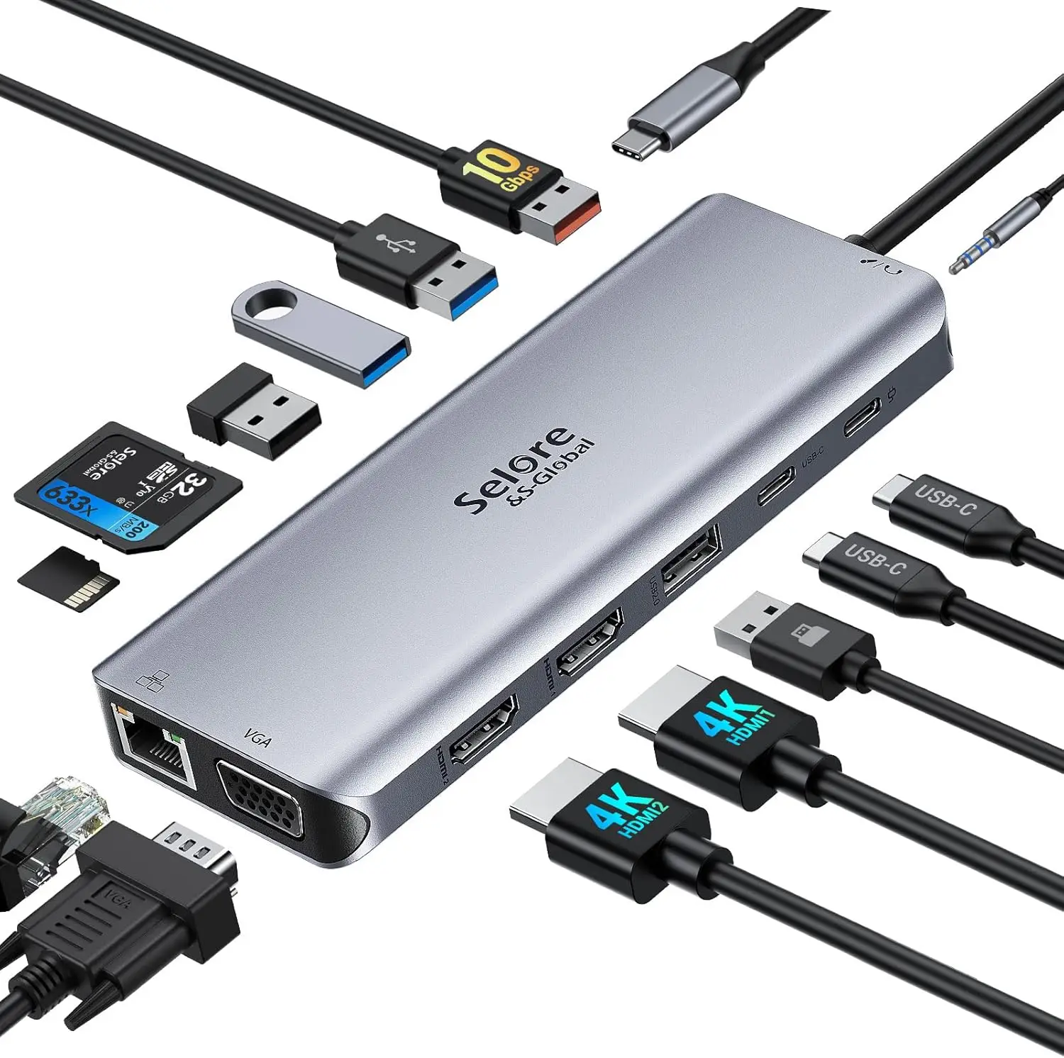 Многофункциональная док-станция USB-C 14-в-1 с двумя портами 4K HDMI, VGA, зарядкой PD 100 Вт, Gigabit Ethernet и кардридером
Многофункциональная док-станция USB-C 14-в-1 с двумя портами 4K HDMI, VGA, зарядкой PD 100 Вт, Gigabit Ethernet и кардридером