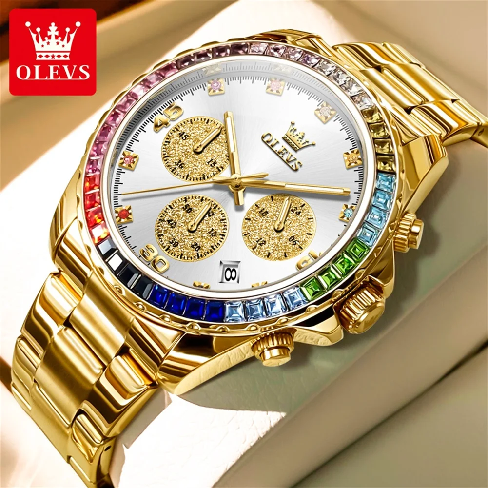 OLEVS 2939 Chronograph Watch for Men Auto Date Rainbow Gemstone Bezel Waterproof Luxury Business Sport Mens Quartz Wristwatch
OLEVS 2939 Chronograph Watch for Men Auto Date Rainbow Gemstone Bezel Waterproof Luxury Business Sport Mens Quartz Wristwatch