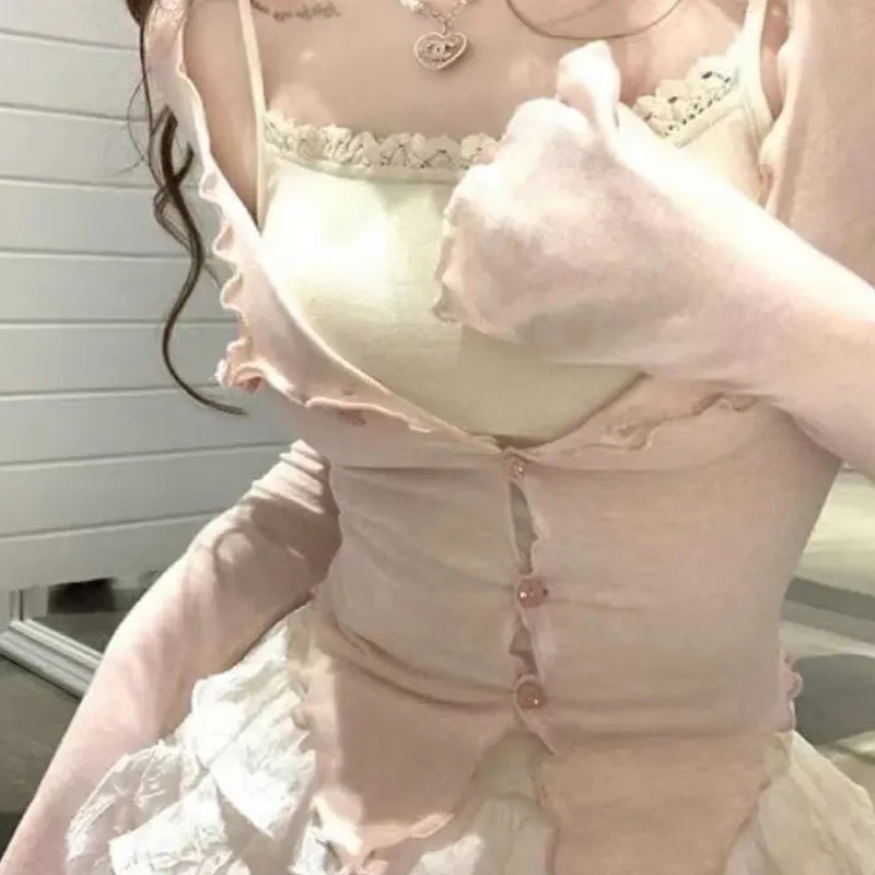 Lace Camisole 2 Piece Set: White Sexy Strapless Vest Top + Long Sleeved Slim Ruffled Single Breasted Cardigan 2 Piece Set
Lace Camisole 2 Piece Set: White Sexy Strapless Vest Top + Long Sleeved Slim Ruffled Single Breasted Cardigan 2 Piece Set