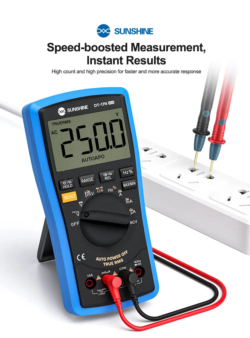 Цифровой мультиметр SUNSHINE DT-17N V2.0 5999, цифровой мультиметр с автоматическим определением диапазона и подсветкой True RMS для техников, обнаружения NCV
Цифровой мультиметр SUNSHINE DT-17N V2.0 5999, цифровой мультиметр с автоматическим определением диапазона и подсветкой True RMS для техников, обнаружения NCV