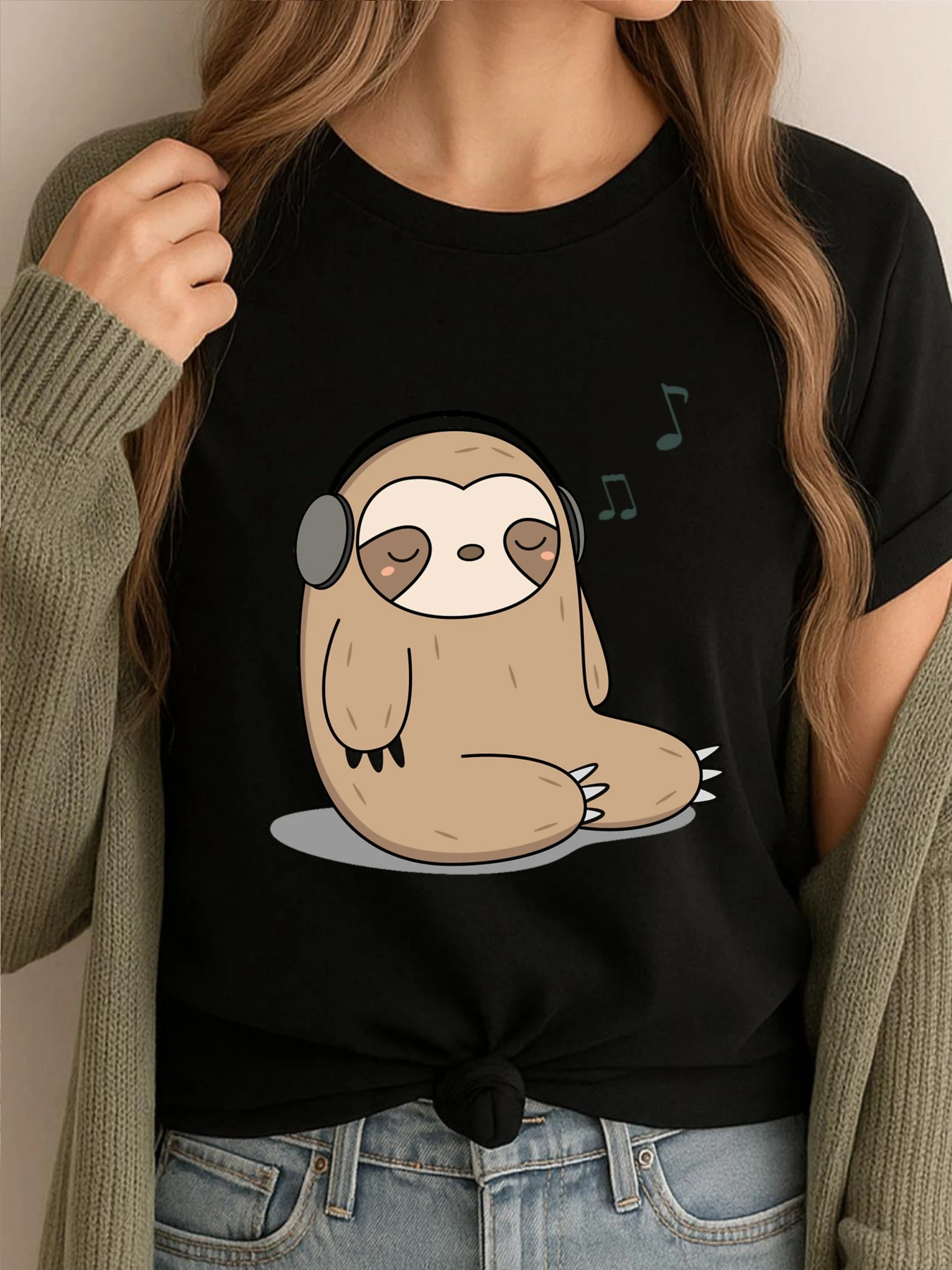 Kawaii милый ленивец, прослушивание музыки, женские корейские модные футболки с рисунком, женские топы, новейшая футболка с принтом
Kawaii милый ленивец, прослушивание музыки, женские корейские модные футболки с рисунком, женские топы, новейшая футболка с принтом