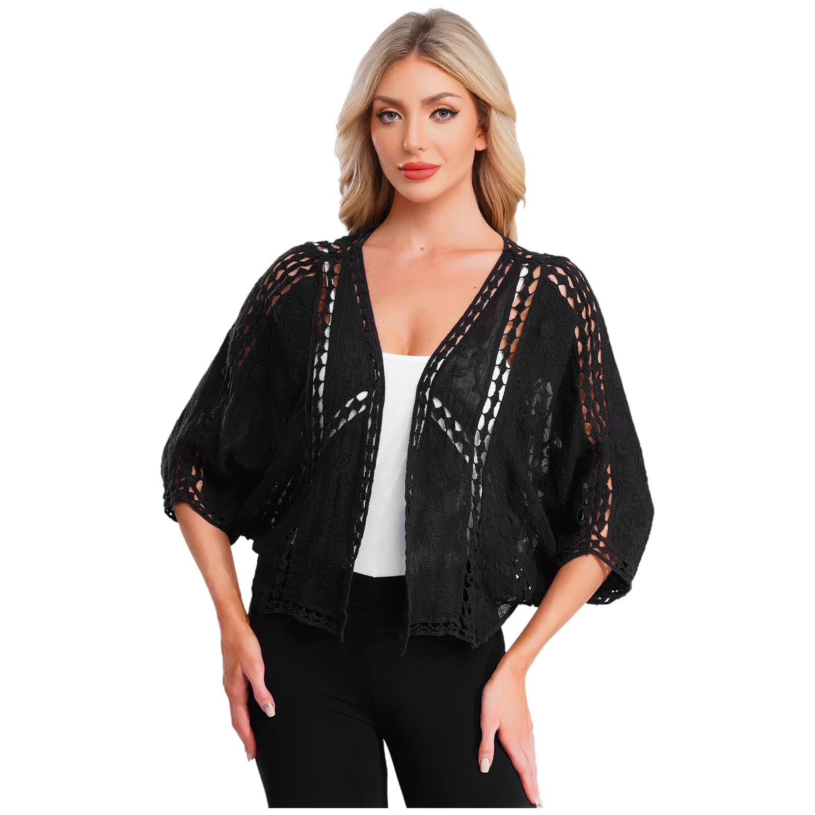 Womens Hollow Out Embroidery Cardigan Batwing Sleeve 3/4 Sleeve Open Front Boho Style Bolero Cropped Shrugs for Vacation Office
Womens Hollow Out Embroidery Cardigan Batwing Sleeve 3/4 Sleeve Open Front Boho Style Bolero Cropped Shrugs for Vacation Office