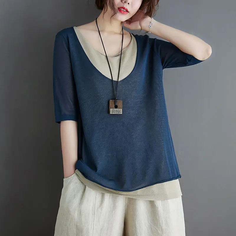 Women Summer Vintage Patchwork Fake Two-piece Knitted T Shirt Simple Casual O Neck Short Sleeve Loose Pullover Tops Ropa Mujer
Women Summer Vintage Patchwork Fake Two-piece Knitted T Shirt Simple Casual O Neck Short Sleeve Loose Pullover Tops Ropa Mujer