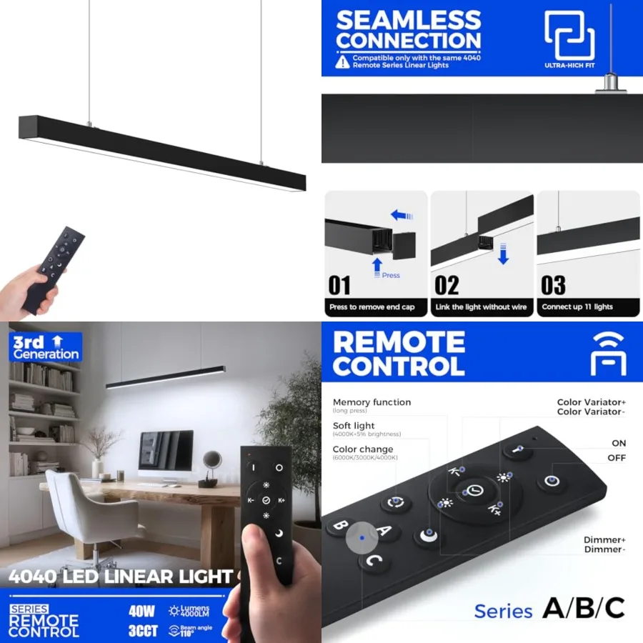 Remote LED Linear Light Fixture with Remote, 3rd-Generation, Feet 0W Seamless Connection, 3000K to 6000K Color Changing, Dimmab
Remote LED Linear Light Fixture with Remote, 3rd-Generation, Feet 0W Seamless Connection, 3000K to 6000K Color Changing, Dimmab