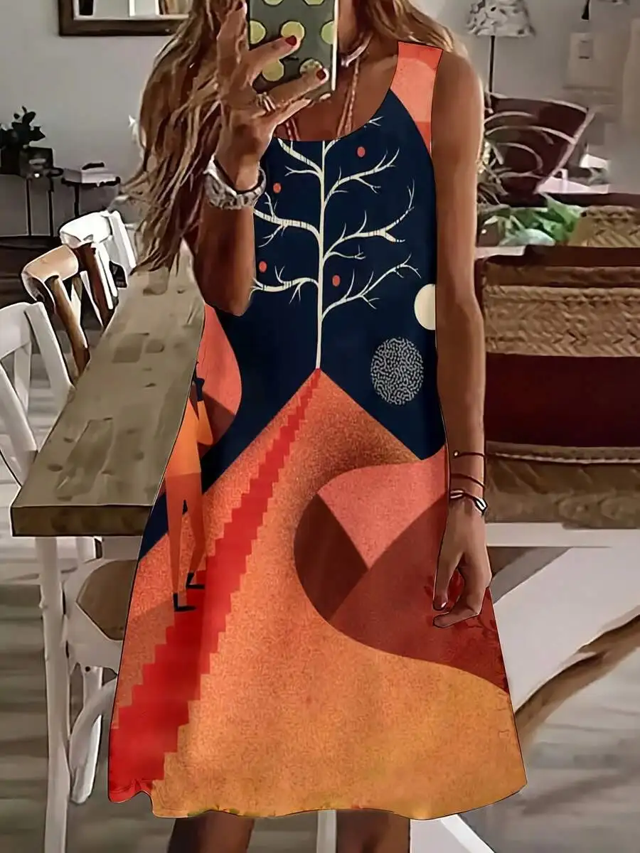 Women Sleeveless Dress Abstract Tree And Geometric Print Autumn Festival
Women Sleeveless Dress Abstract Tree And Geometric Print Autumn Festival