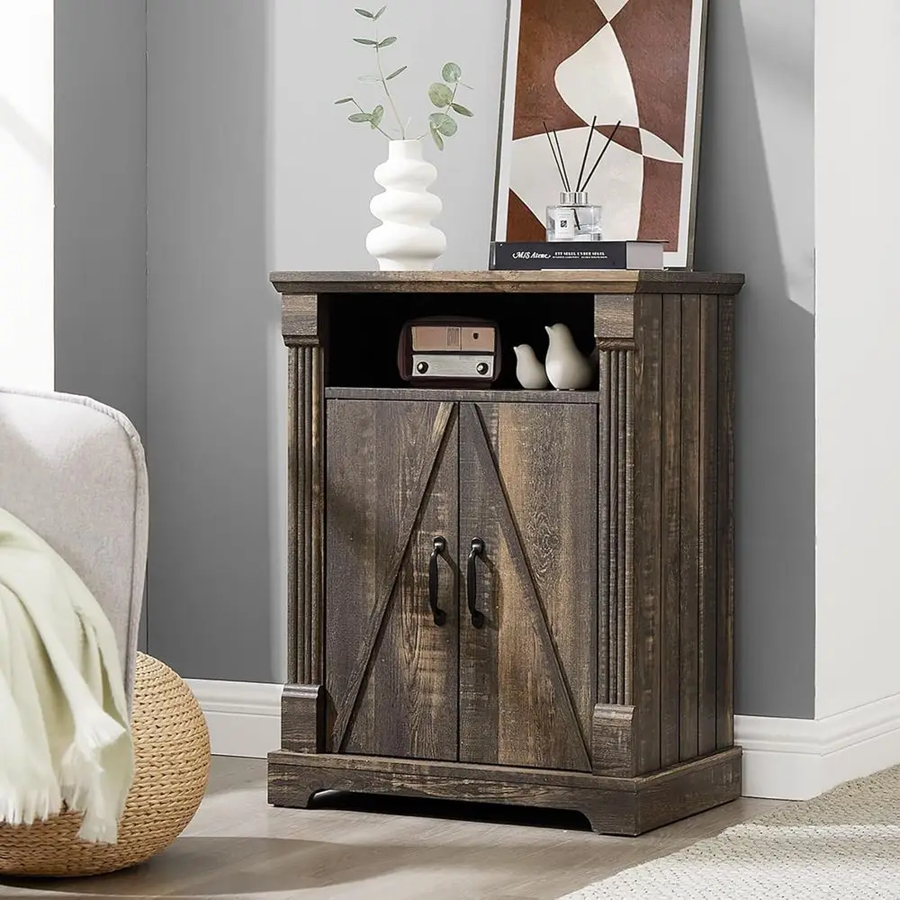 Freestanding Wooden Storage Cabinet with Barn Door and Open Shelves for Entryway, Kitchen, or Living Room
Freestanding Wooden Storage Cabinet with Barn Door and Open Shelves for Entryway, Kitchen, or Living Room
