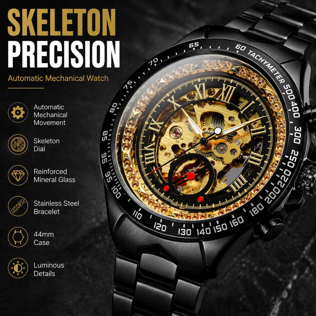 Men's Black Gold Skeleton Automatic Mechanical Watch 44mm Stainless Steel Bracelet Luminous Reinforced Mineral Glass Roman Numer
Men's Black Gold Skeleton Automatic Mechanical Watch 44mm Stainless Steel Bracelet Luminous Reinforced Mineral Glass Roman Numer