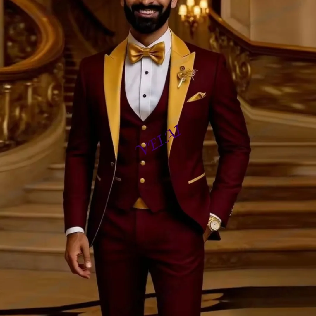 CustomizedGold Collar Burgundy Men Suit Formal Groom Groomsman Wedding Party Prom Male Business Tuxedos 3 Piece Set Blazer Vest
CustomizedGold Collar Burgundy Men Suit Formal Groom Groomsman Wedding Party Prom Male Business Tuxedos 3 Piece Set Blazer Vest