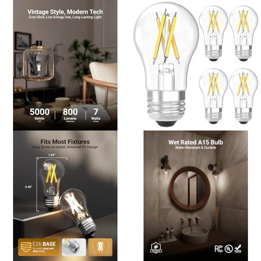 A15 LED X Filament Bulbs, 7W=60W Equivalent, 800 Lumens, 5000K Daylight, Dimmable E26 Edison Style Vintage Decorative Light Bul
A15 LED X Filament Bulbs, 7W=60W Equivalent, 800 Lumens, 5000K Daylight, Dimmable E26 Edison Style Vintage Decorative Light Bul