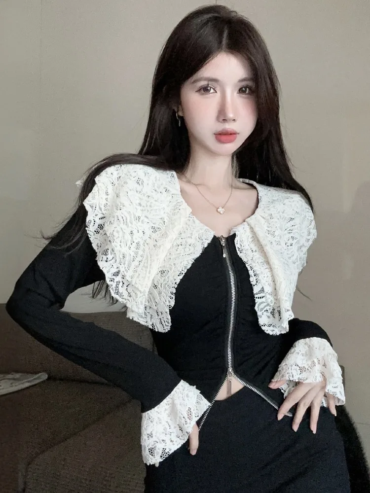 Heben Design Long Sleeve Lace Collar Splice Zipper Base Shirt Women's Autumn Fashion Ladylike Slim Fit Commute Style Top
Heben Design Long Sleeve Lace Collar Splice Zipper Base Shirt Women's Autumn Fashion Ladylike Slim Fit Commute Style Top