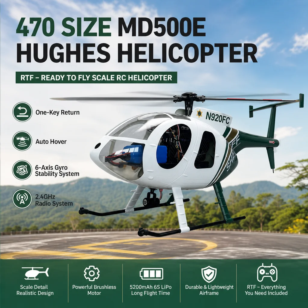 ROBAN 470 Size MD500E Hughes Helicopter RTF - Ready to Fly Scale RC Helicopter with One-Key Return & Auto Hover
ROBAN 470 Size MD500E Hughes Helicopter RTF - Ready to Fly Scale RC Helicopter with One-Key Return & Auto Hover