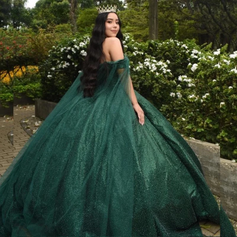 Princess Dark Green Quinceanera Dress Ball Gown Shiny Applique Beaded Cape Mexican Sweet 16 Vestido De 15 Anos
Princess Dark Green Quinceanera Dress Ball Gown Shiny Applique Beaded Cape Mexican Sweet 16 Vestido De 15 Anos