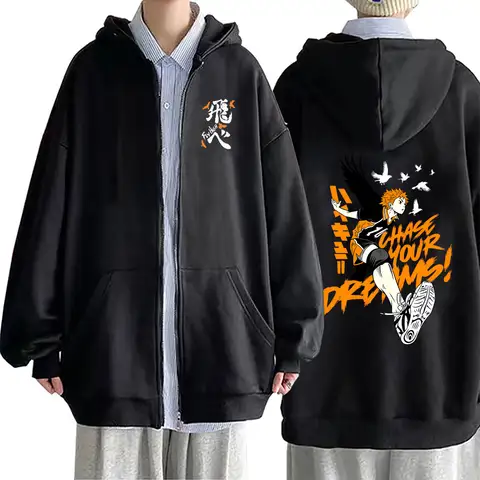Anime Haikyuu Hinata Shoyo Fly High Zipper Hoodie Men Women Manga Fashion Brand Streetwear Male Vintage Oversized Zip Up Jacket