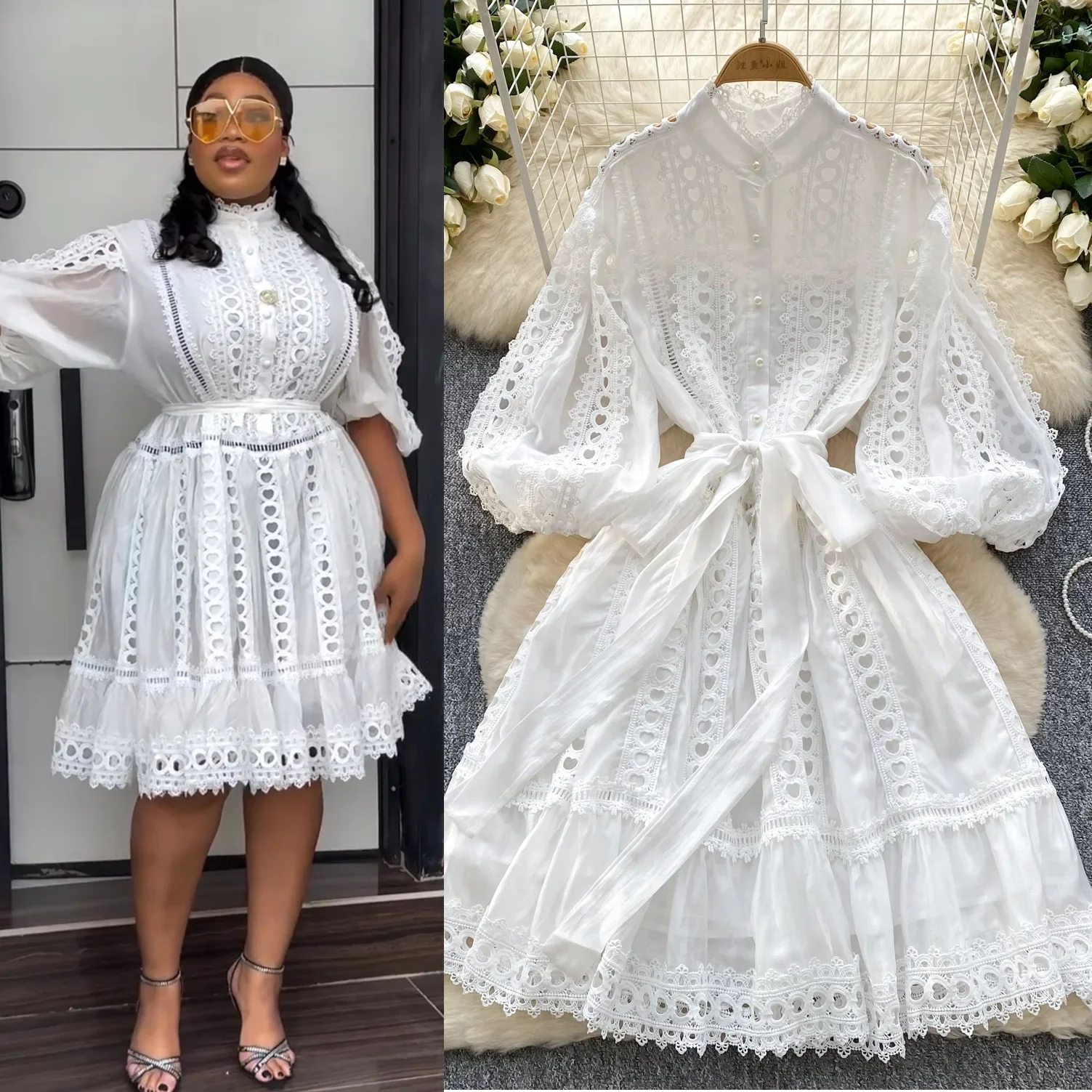 Pop Spring New Women's Retro Hollow Lace Evening Dress Party Dress Elegant Lady Loose Lantern Sleeves Lace Up Slimming Short Ski
Pop Spring New Women's Retro Hollow Lace Evening Dress Party Dress Elegant Lady Loose Lantern Sleeves Lace Up Slimming Short Ski