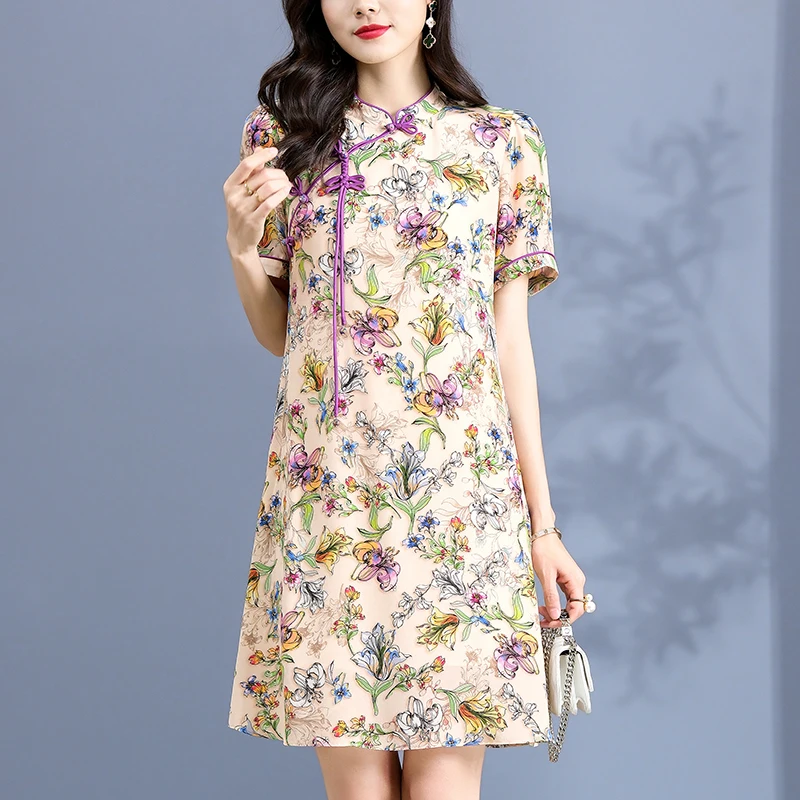 Elegant Summer Dresses For Women Short Sleeve Vintage Women's Cheongsam Dress A-line 100% Real Silk Woman Floral Print Dress
Elegant Summer Dresses For Women Short Sleeve Vintage Women's Cheongsam Dress A-line 100% Real Silk Woman Floral Print Dress