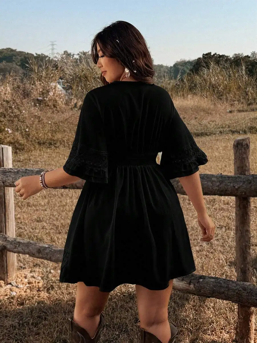 Black Womens Short Sleeve Casual A-Line Dress With Lace Detail And Smocked Waist
Black Womens Short Sleeve Casual A-Line Dress With Lace Detail And Smocked Waist