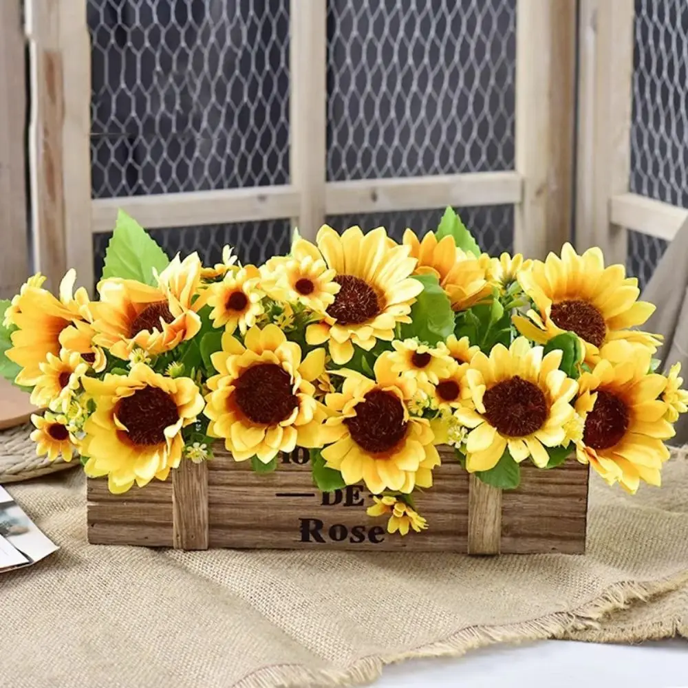 Rectangular Artificial Flower Decoration Wood Planter Box Sunflower Rose Faux Plants Arrangement Mixed Color Fake Daisies
Rectangular Artificial Flower Decoration Wood Planter Box Sunflower Rose Faux Plants Arrangement Mixed Color Fake Daisies