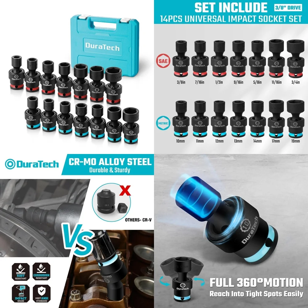 Набор поворотных головок DURATECH 3/8 дюйма, 14 предметов, неглубокий универсальный SAE и метрический
Набор поворотных головок DURATECH 3/8 дюйма, 14 предметов, неглубокий универсальный SAE и метрический