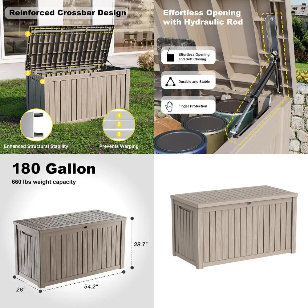 180 Gallon UV-Protected Outdoor Storage Deck Box with Hydraulic Rod, Ideal for Patio, Garden, and Pool (Grey)
180 Gallon UV-Protected Outdoor Storage Deck Box with Hydraulic Rod, Ideal for Patio, Garden, and Pool (Grey)
