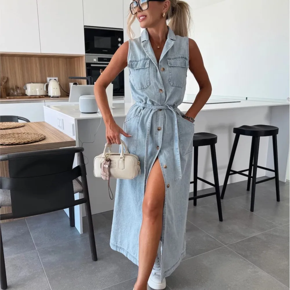 Casual Elegant Dress Fashion Slim Spring Summer Street Style Sleeveless Button Lapel Lace-Up Waist Single-Breasted Long Dresses
Casual Elegant Dress Fashion Slim Spring Summer Street Style Sleeveless Button Lapel Lace-Up Waist Single-Breasted Long Dresses