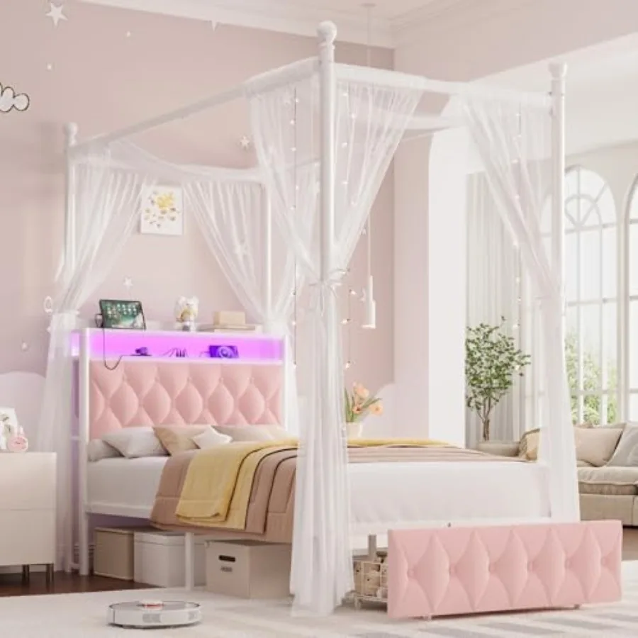 Girls Twin Upholstered LED Canopy Bed Frame with Storage and Charging Station, Button Tufted Storage Headboard with Bookshelf,
Girls Twin Upholstered LED Canopy Bed Frame with Storage and Charging Station, Button Tufted Storage Headboard with Bookshelf,