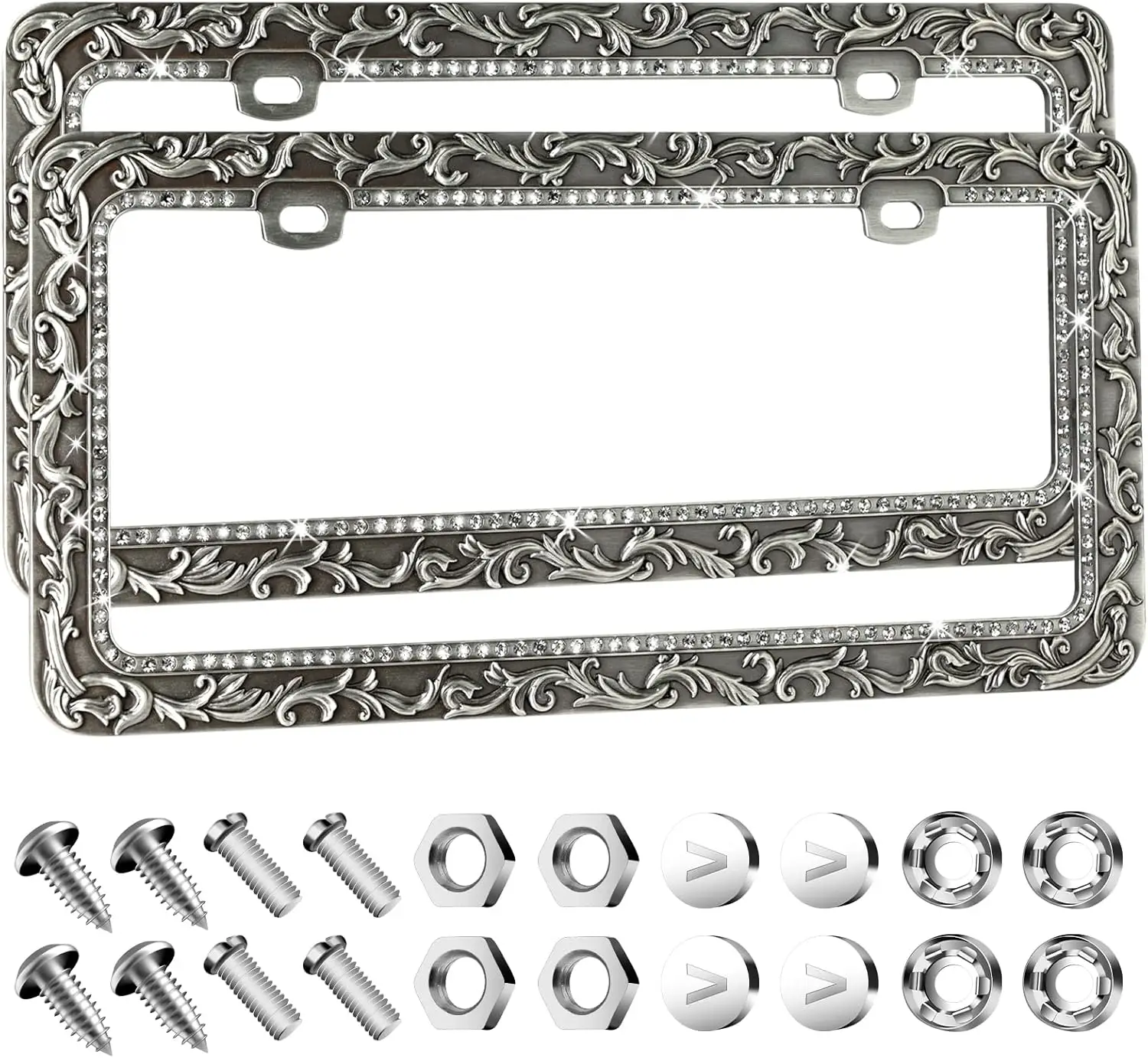 Antique Pattern Metal Car License Plate Frames with Crystal Rhinestones, Universal 2-Hole Design, 2-Pack Replacement Parts
Antique Pattern Metal Car License Plate Frames with Crystal Rhinestones, Universal 2-Hole Design, 2-Pack Replacement Parts