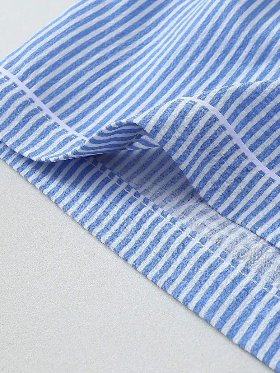 2-Piece Womens Loose Striped Button-Up Long Sleeve Shirt And Wide Leg Shorts Pajama Set
2-Piece Womens Loose Striped Button-Up Long Sleeve Shirt And Wide Leg Shorts Pajama Set