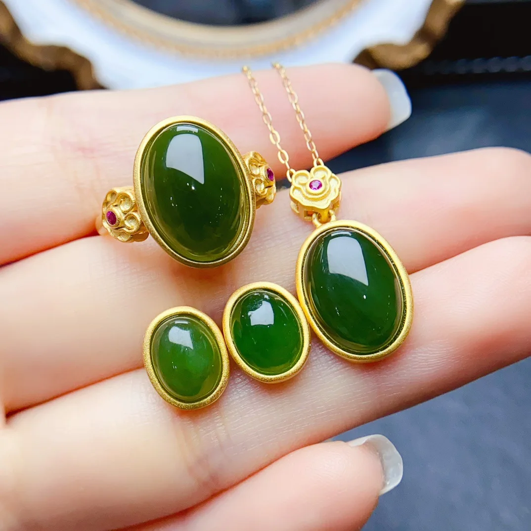 Natural Jade Necklace Ring Earrings Set, S925 Silver Setting Green Gemstone Jewelry Gift for Women
Natural Jade Necklace Ring Earrings Set, S925 Silver Setting Green Gemstone Jewelry Gift for Women