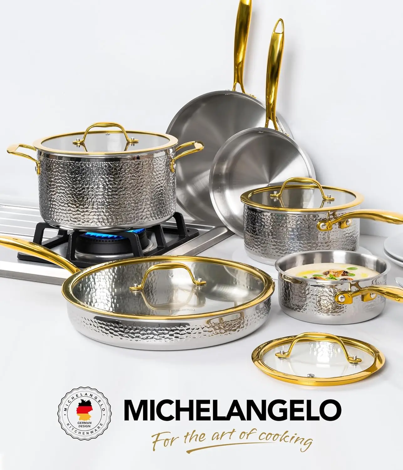MICHELANGELO, набор из 10 предметов, кастрюли из нержавеющей стали, сковороды, посуда без покрытия, бытовые кухонные кастрюли
MICHELANGELO, набор из 10 предметов, кастрюли из нержавеющей стали, сковороды, посуда без покрытия, бытовые кухонные кастрюли