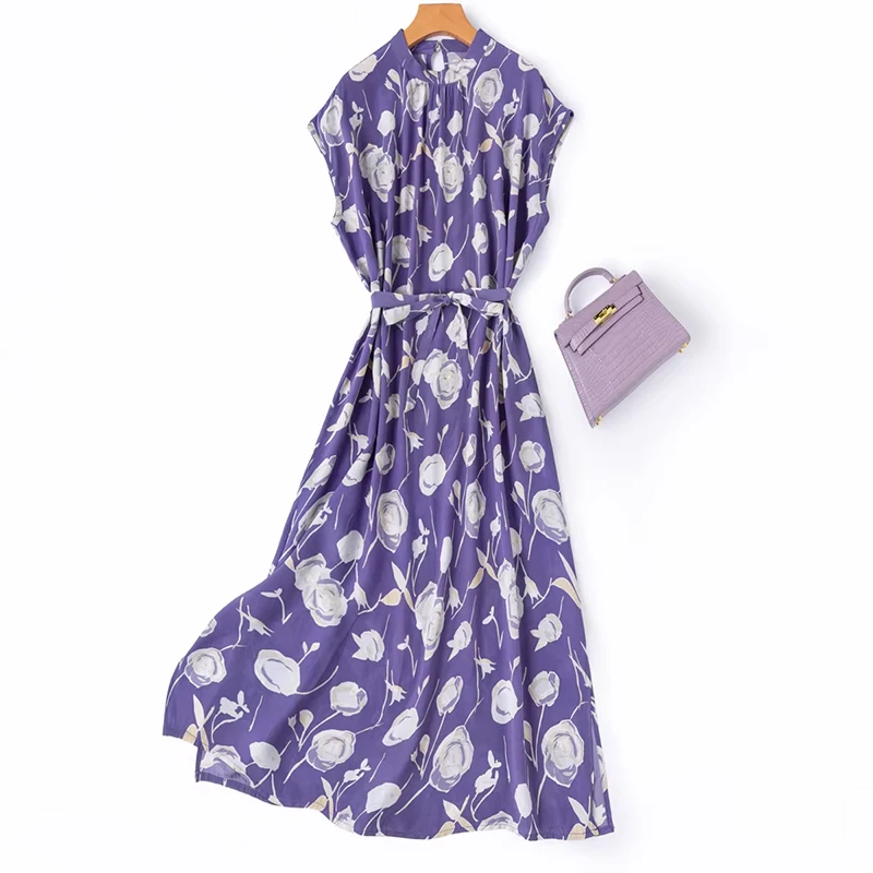 Women Midi Dress 100% Mulberry Crepe Silk 16 Momme Purple Floral Printed Stand Collar Raglan Sleeve 2026 Evening Gown M1577
Women Midi Dress 100% Mulberry Crepe Silk 16 Momme Purple Floral Printed Stand Collar Raglan Sleeve 2026 Evening Gown M1577