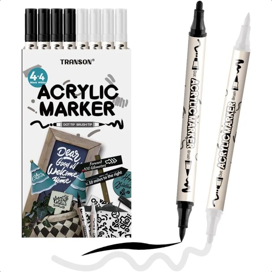 4 Black and 4 White Paint Pens Brush and Bold Dualtip Acrylic Paint Marker Set for Rock Painting Glass Canvas Wood Leather Cera
4 Black and 4 White Paint Pens Brush and Bold Dualtip Acrylic Paint Marker Set for Rock Painting Glass Canvas Wood Leather Cera