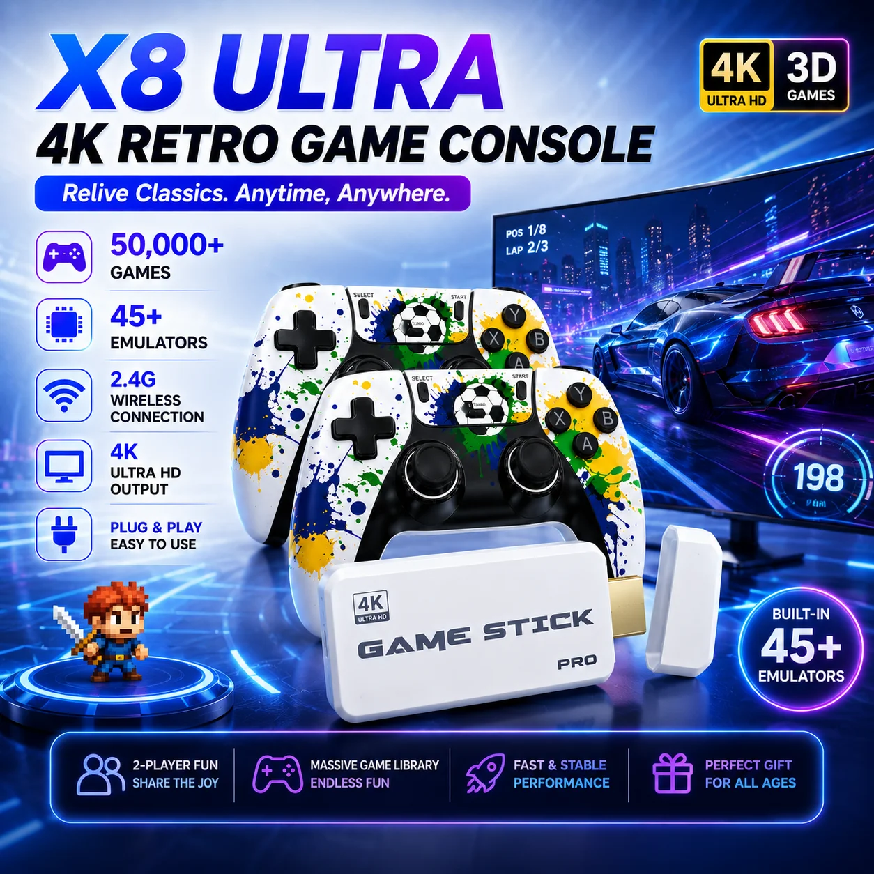 4K HDMI Output Retro TV Game Stick X8 Ultra 50000+ Games Wireless Controllers Ergonomic Non-Slip Grip Life Graffiti Design
4K HDMI Output Retro TV Game Stick X8 Ultra 50000+ Games Wireless Controllers Ergonomic Non-Slip Grip Life Graffiti Design