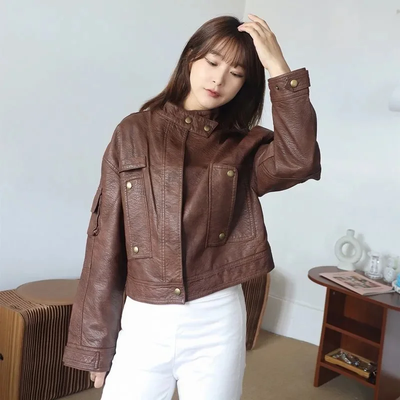 Fashion Leather Jacket Women's Motorcycle Short Coat Zipper-up Outerwear Spring Autumn Streetwear Wrinkle PU Leather Jackets
Fashion Leather Jacket Women's Motorcycle Short Coat Zipper-up Outerwear Spring Autumn Streetwear Wrinkle PU Leather Jackets