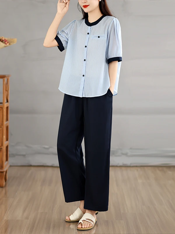 Authentic Summer Stripe Short Sleeve Shirt Wide Leg Pants Elastic Waist Two-Piece Set Casual Loose Fit Button-Up Top
Authentic Summer Stripe Short Sleeve Shirt Wide Leg Pants Elastic Waist Two-Piece Set Casual Loose Fit Button-Up Top