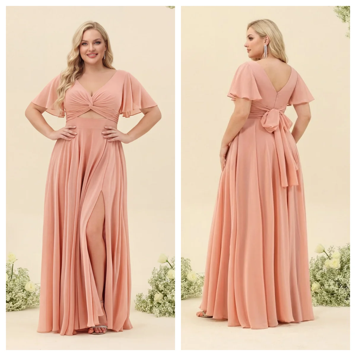 Plus-Size Women Flutter Sleeves Split Bridesmaid Dresses with Slit Long V Neck Empire Waist Formal Evening Dress Women Wedding
Plus-Size Women Flutter Sleeves Split Bridesmaid Dresses with Slit Long V Neck Empire Waist Formal Evening Dress Women Wedding