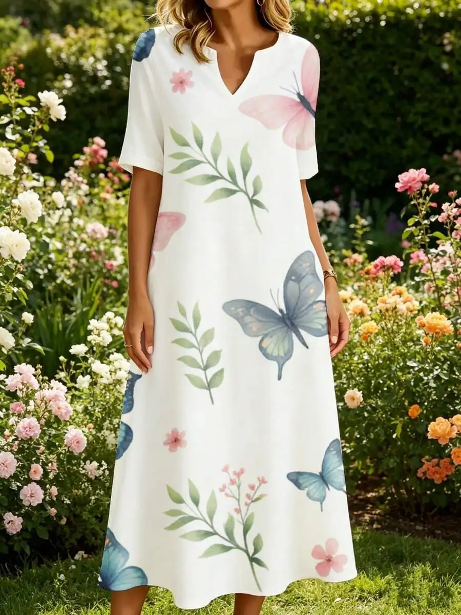 V Neck Midi Dress White Butterfly Floral Print Summer Garden Party Dress
V Neck Midi Dress White Butterfly Floral Print Summer Garden Party Dress