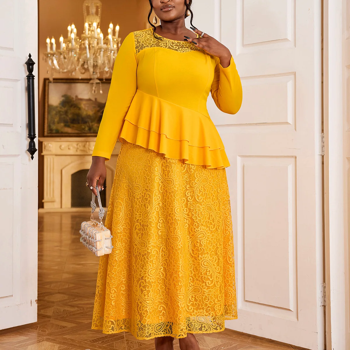 Autumn Women's Yellow Lace Dress Round Neck Long Sleeve High Waist Ruffle Hem Elegant A-line Wedding Evening Gown Plus Size 4XL
Autumn Women's Yellow Lace Dress Round Neck Long Sleeve High Waist Ruffle Hem Elegant A-line Wedding Evening Gown Plus Size 4XL