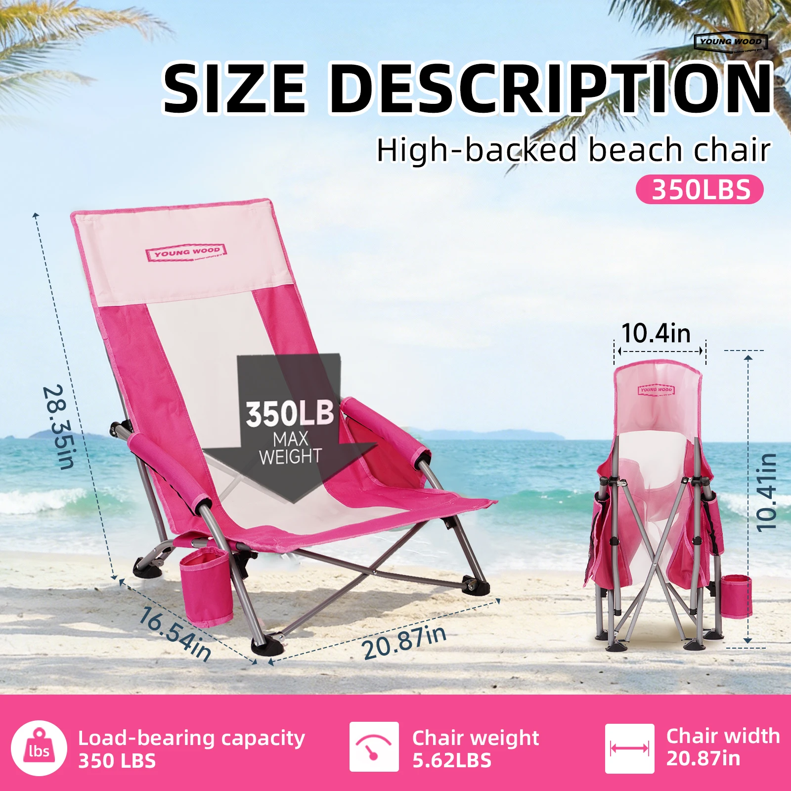 1PCS Pink YOUNG WOOD High Back Folding Beach Chair Camping Lawn Chair with Cup Holder, Lightweight and Portable Foldable Outdoor Leisure Chair, Suitable for Beach, Camping, Picnicking, Fishing
1PCS Pink YOUNG WOOD High Back Folding Beach Chair Camping Lawn Chair with Cup Holder, Lightweight and Portable Foldable Outdoor Leisure Chair, Suitable for Beach, Camping, Picnicking, Fishing
