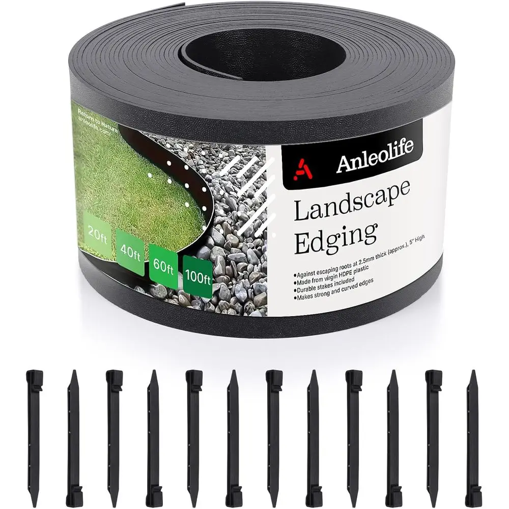 100ft Flexible Plastic Landscape Edging Coil, 5 Black, UV-Resistant Garden Border, Easy Installation with 30 Stakes
100ft Flexible Plastic Landscape Edging Coil, 5 Black, UV-Resistant Garden Border, Easy Installation with 30 Stakes