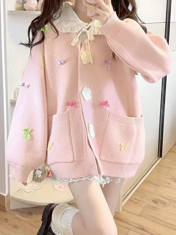 Winter Japanese Sweet Knitted Sweater Coat Women Bow Floral Kawaii Cardigan Female Korean Fashion Casual Chic Sweater Tops 2025
Winter Japanese Sweet Knitted Sweater Coat Women Bow Floral Kawaii Cardigan Female Korean Fashion Casual Chic Sweater Tops 2025