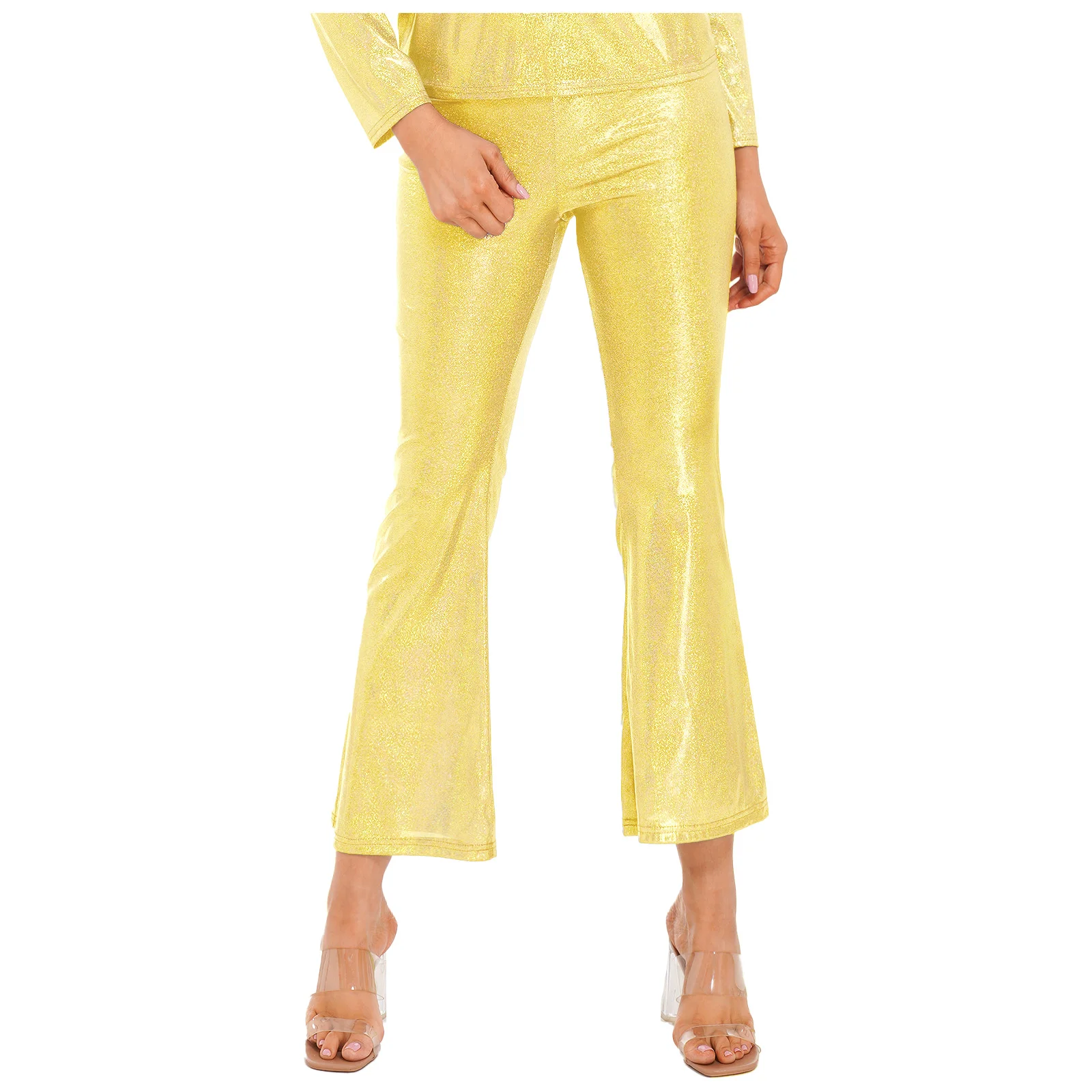 Womens Shiny Flared Pants Club Stage Performance Sexy Elastic Waistband Bell-Bottomed Trousers for Dance Party Music Festival
Womens Shiny Flared Pants Club Stage Performance Sexy Elastic Waistband Bell-Bottomed Trousers for Dance Party Music Festival