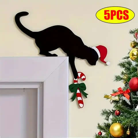1/3/5pcs Fun Charming Cat Shaped Christmas Door Corner Decoration-Rustic Imitation Wood, Perfect for Holiday Atmosphere