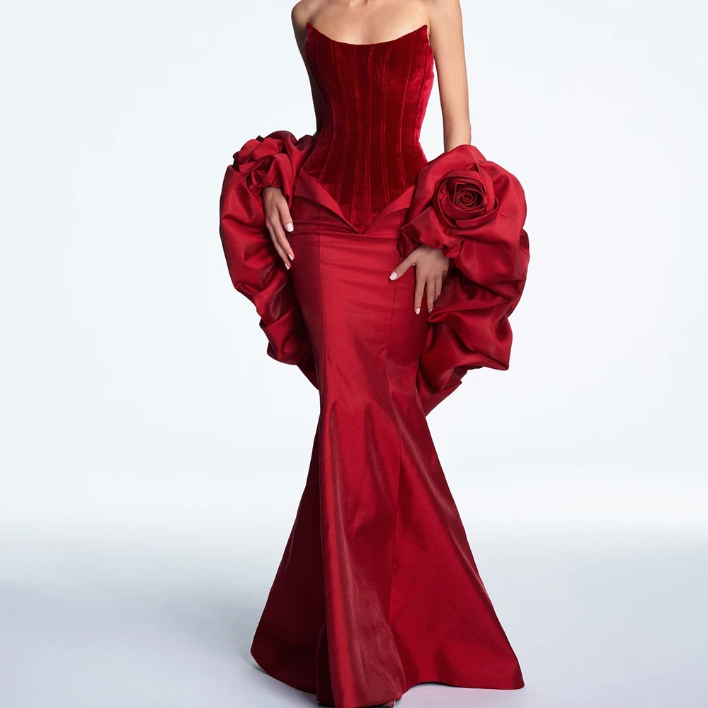 Satin Detachable Sleeve Strapless Floor Length Mermaid Evening Dress Sweep Train Flowers Lace Up Back Temperament Exquisite
Satin Detachable Sleeve Strapless Floor Length Mermaid Evening Dress Sweep Train Flowers Lace Up Back Temperament Exquisite
