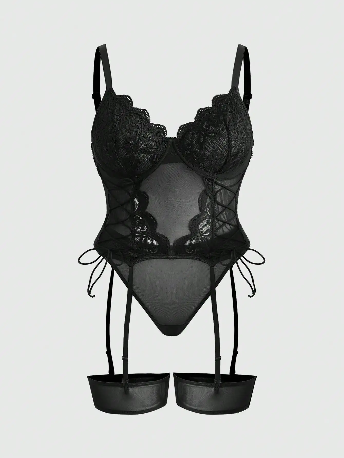 Black Lace Mesh Corset Bodysuit with Drawstring & Garter Straps
Black Lace Mesh Corset Bodysuit with Drawstring & Garter Straps