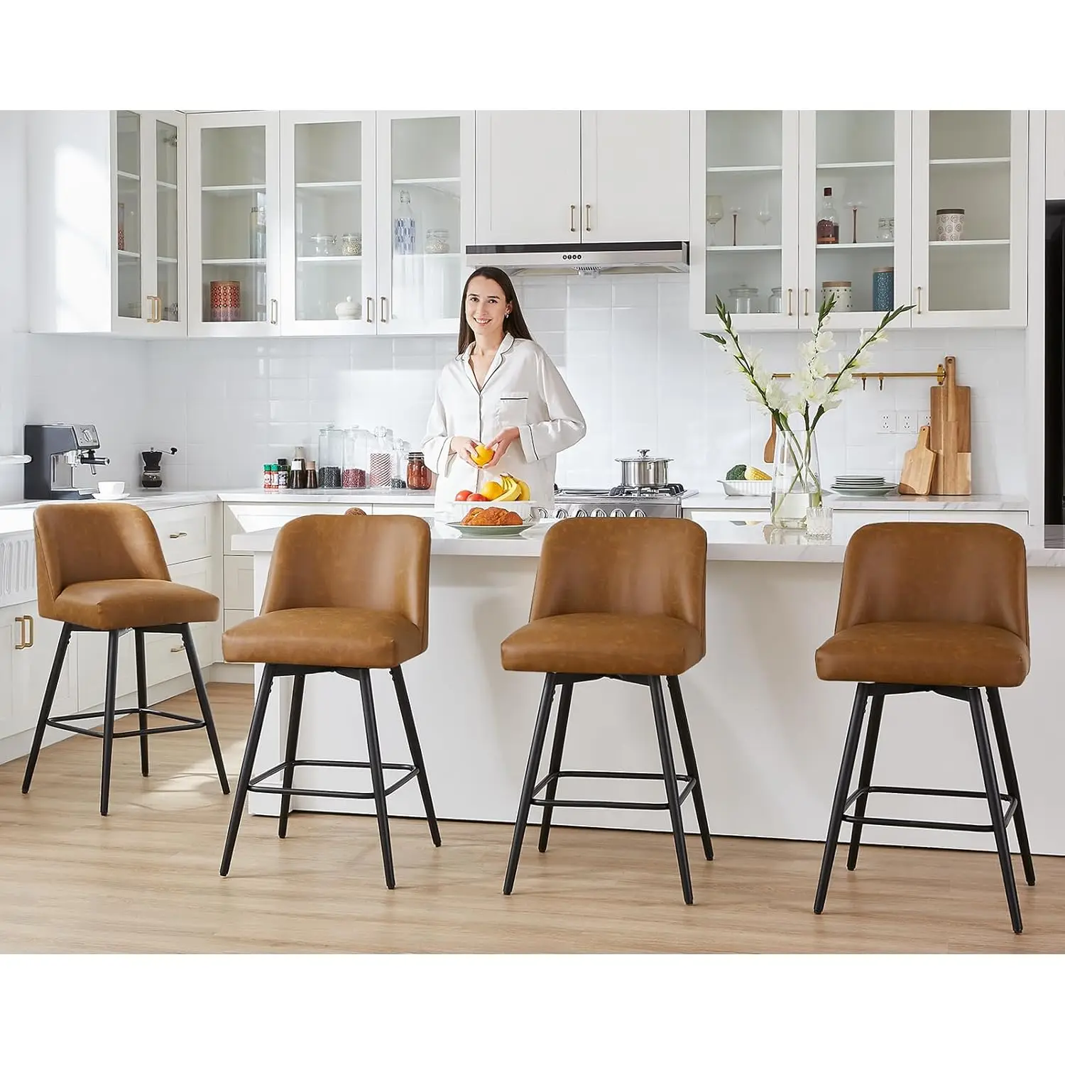 26in Swivel Counter Height Bar Stools Set of 4 Faux Leather High Back Kitchen Dining 26" H Seat, Customized
26in Swivel Counter Height Bar Stools Set of 4 Faux Leather High Back Kitchen Dining 26" H Seat, Customized