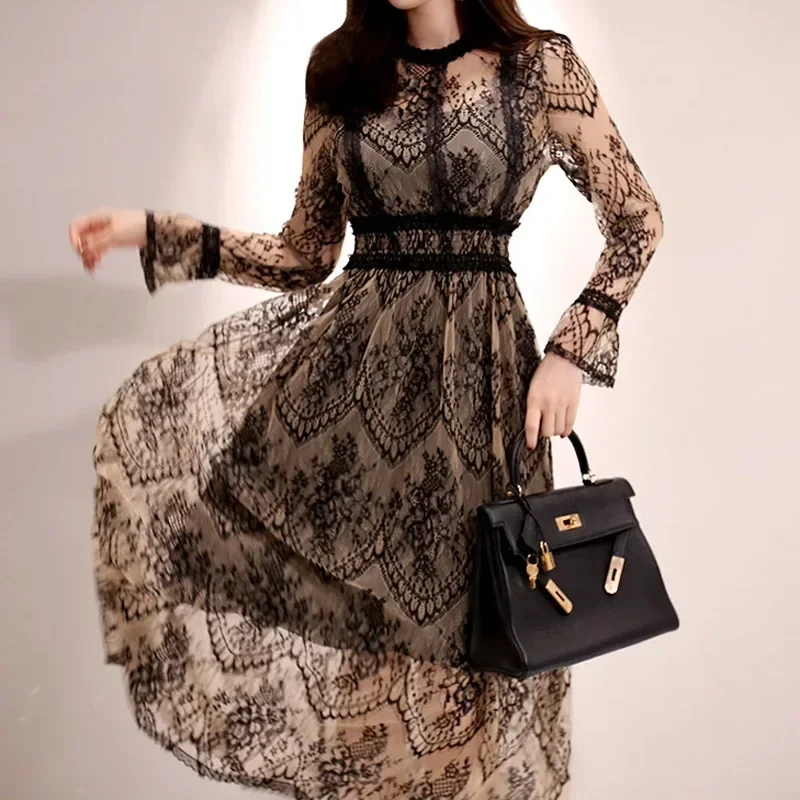 See-through Lace Dresses Women Clothing 2025 Spring Products Celebrity Ladies Waist Large Swing Mid-length Flared Long Sleeves
See-through Lace Dresses Women Clothing 2025 Spring Products Celebrity Ladies Waist Large Swing Mid-length Flared Long Sleeves