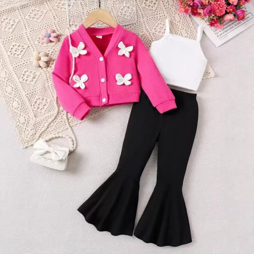 2026 New Arrival European American Girls' 3-Piece Set 3D Floral Knit Long Sleeve Coat + Flare Pants + Solid Color Camisole
2026 New Arrival European American Girls' 3-Piece Set 3D Floral Knit Long Sleeve Coat + Flare Pants + Solid Color Camisole