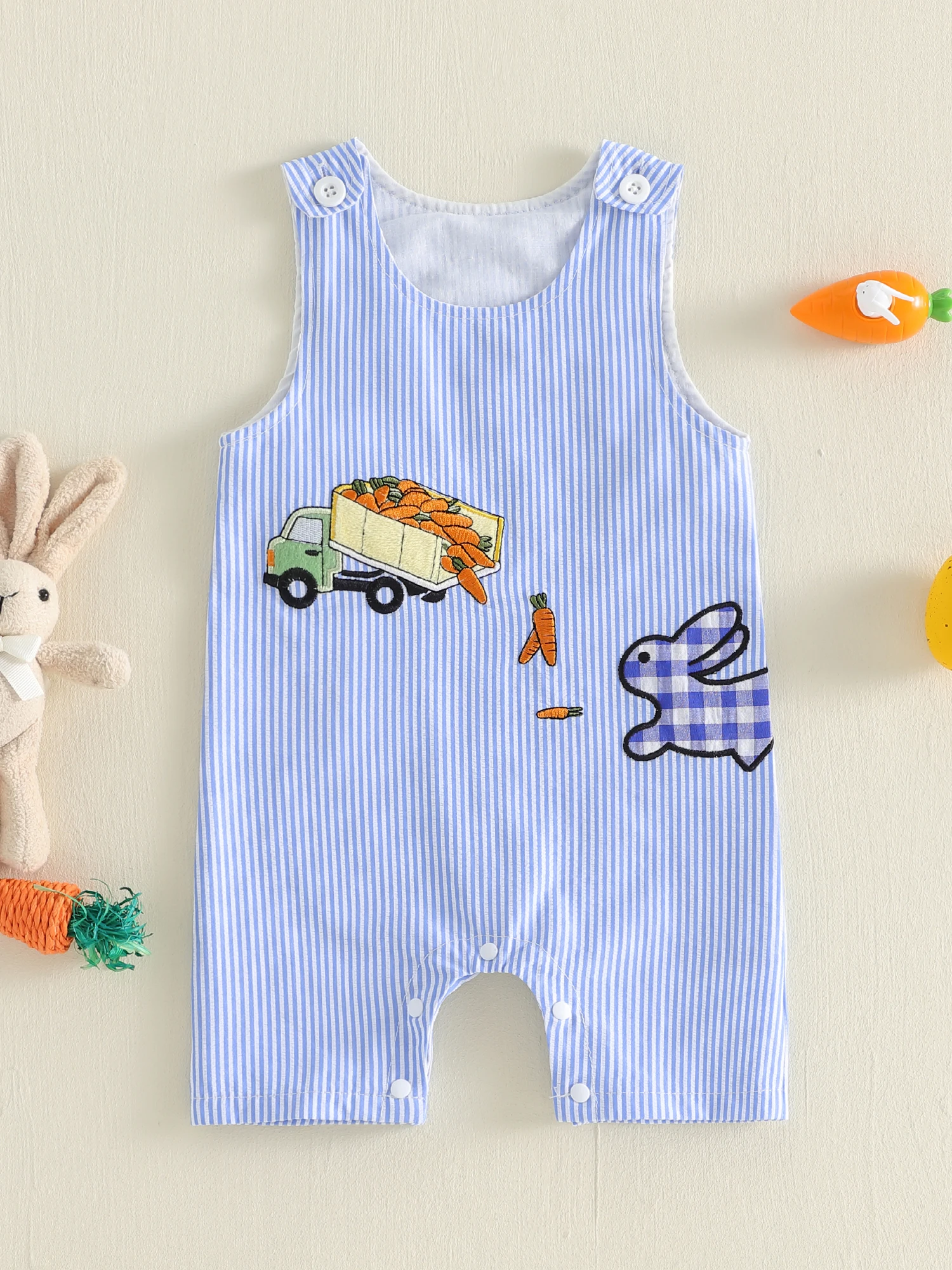 Easter Bunny Striped Romper with Carrot Truck Embroidery and Sleeveless Design - Adorable Overall Shorts for Babies
Easter Bunny Striped Romper with Carrot Truck Embroidery and Sleeveless Design - Adorable Overall Shorts for Babies