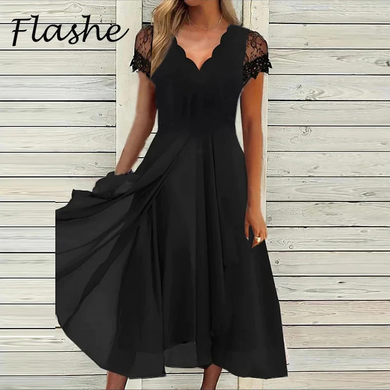 Summer Dress Women V Neck Short Sleeve Party Dress Black Lace Design A-Line Elegant Midi Dresses Boho
Summer Dress Women V Neck Short Sleeve Party Dress Black Lace Design A-Line Elegant Midi Dresses Boho