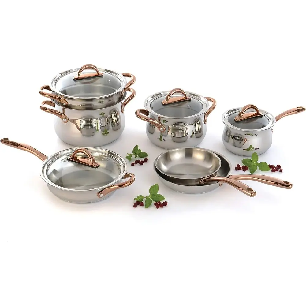 11-Piece Gold-Handled Cookware Set with Glass Lids, Silver/Rose
11-Piece Gold-Handled Cookware Set with Glass Lids, Silver/Rose